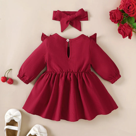 Adora Milano Baby girl  Dress Ruffled Edges and Bow, Long sleeved Dress+Headband for 0-18 Months