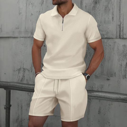 Adora Milano Men new summer Waffle solid color zip-up lapel short-sleeve suit shorts