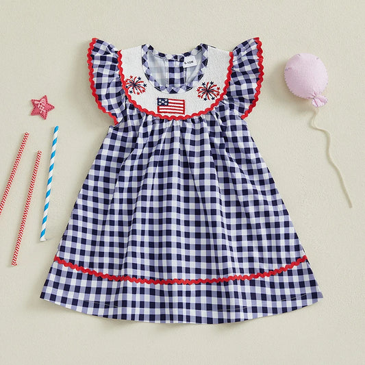 Adora Milano Girl Dress with Plaid Design American Flag Embroidery Loose Fit and Smocked