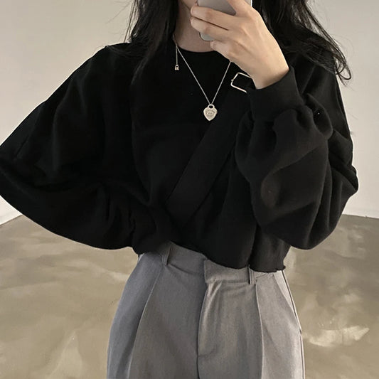 Adora Milano Women Pullovers Casual O-neck Black Short Sweatshirts Female