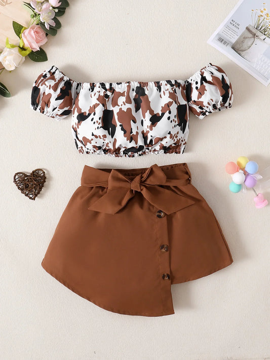 Adora Milano Toddlers Girl Summer Clothes Set Off Shoulder Leopard Print Top+Short Skirt