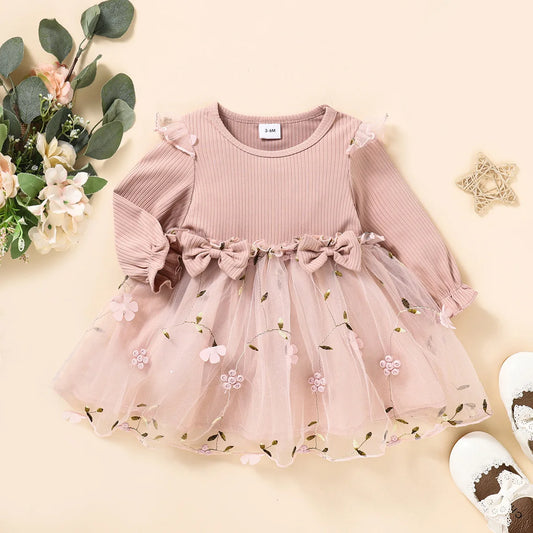 Adora Milano Baby Girl Baby Pink Thin Long Sleeved Princess Flower Mesh Dress