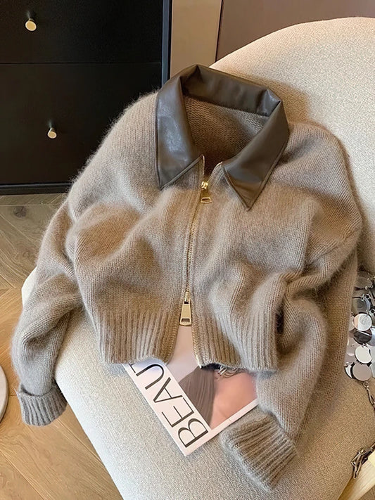 Adora Milano Zipper Cropped Cardigan Women Thick Autumn Knitted Sweater