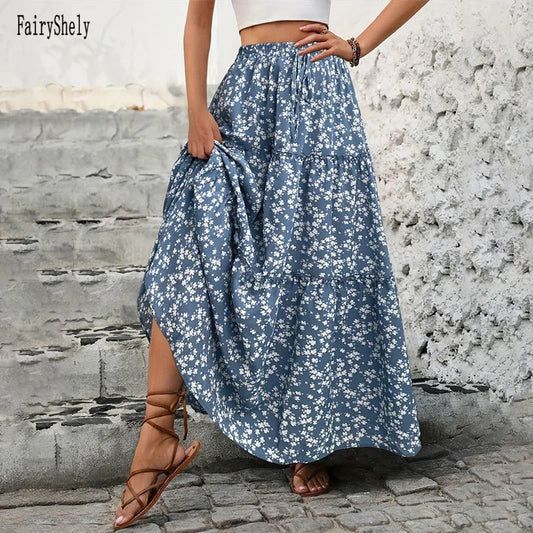 Adora Milano Flower Print Long Skirt Women High Waist Maxi Skirt Ladies