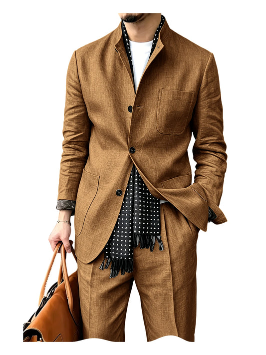 Adora Milano Men's Linen Blend  Suit Set Stand Collar Three Button Breathable Casual Blazer Pants For Business Daily Wear Summer