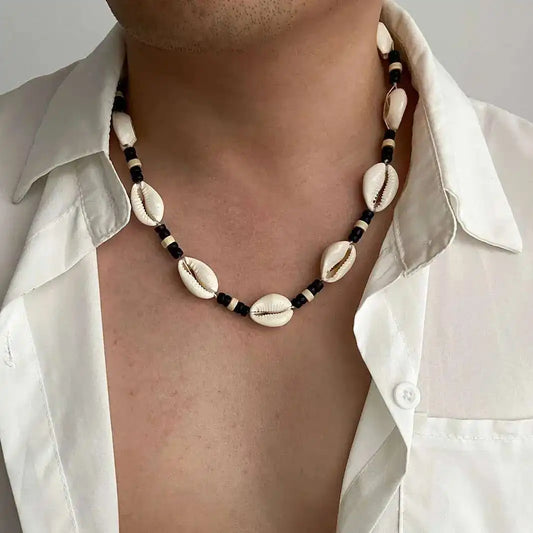 Adora Milano Wooden Bead Conch Chain Necklace for Men