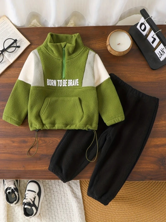 Adora Milano Set Half-Zip Stand Collar + "BORN TO BE BRAVE" Print Warm Autumn/Winter