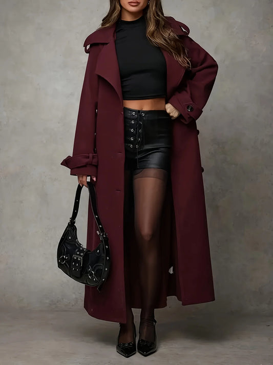 Adora Milano winter women's double breasted turtleneck wool trench coat with belt decoration,