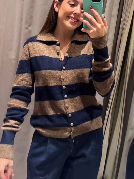 Adora Milano  Knit Cardigan For Woman Single Breasted Long Sleeve Striped