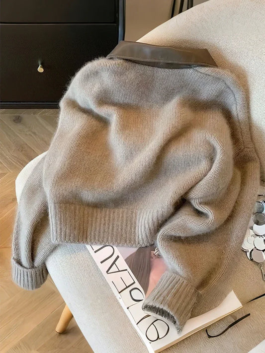Adora Milano Zipper Cropped Cardigan Women Thick Autumn Knitted Sweater