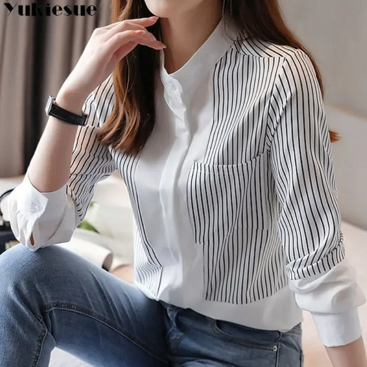 Adora Milano New Long Sleeve Loose Pocket Stripe V-neck All-match Chiffon Shirt