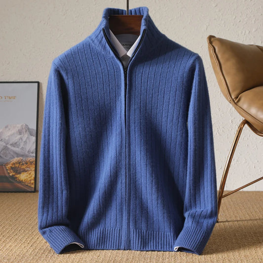 Adora Milano Men 100% Merino Wool Stand-Up Collar Cardigan Casual Knit Business