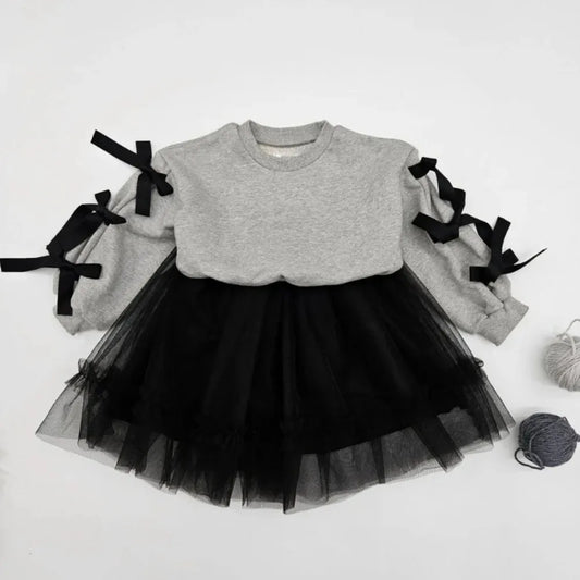 Adora Milano  Girls Clothes Autumn Gray Long Sleeved Bow Top+Black