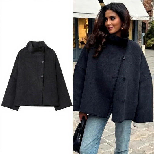 Adora Milano Women Faux Wool Jacket with Wide Shoulder Button Lady Coats Causal Female Chic Tops
