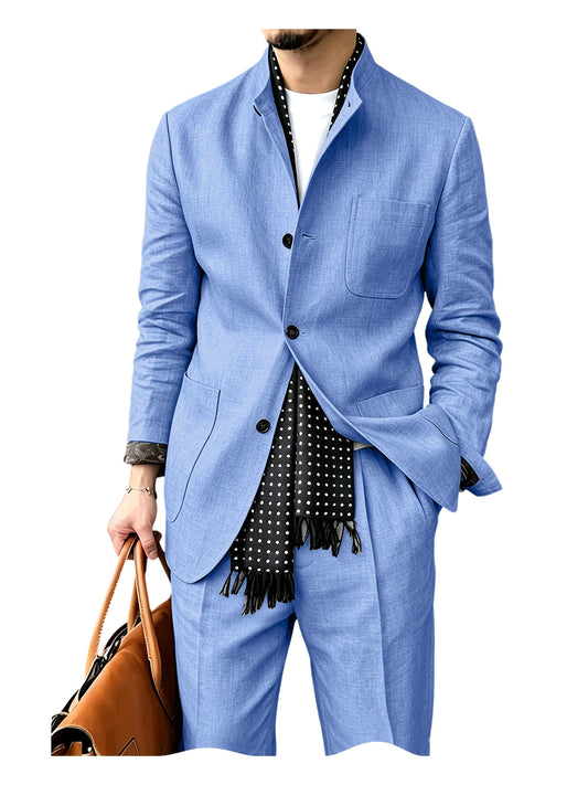 Adora Milano Men's Linen Blend  Suit Set Stand Collar Three Button Breathable Casual Blazer Pants For Business Daily Wear Summer