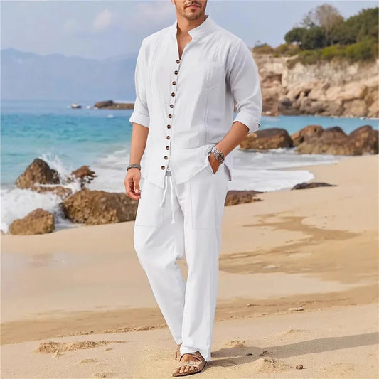 Adora Milano Men's Fashionable Cotton Linen Shirt Set, Stand Collar, Long Sleeves