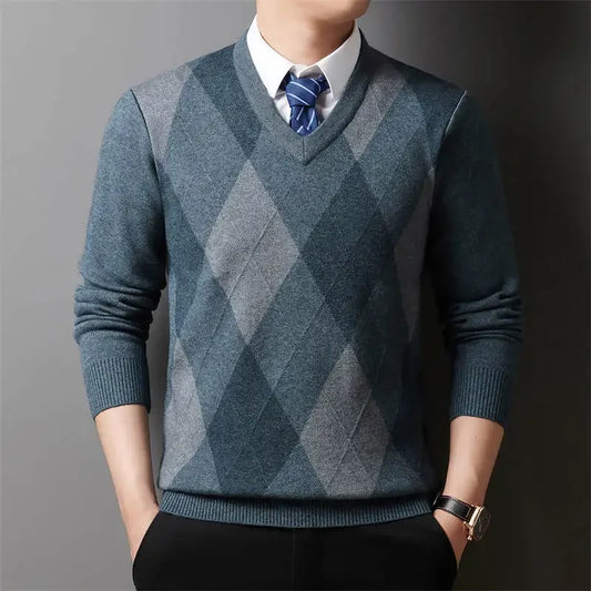 Adora Milano Men's Plaid V-neck Long Sleeved Sweater
