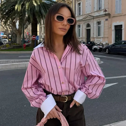 Adora Milano Women's Shirt New Fashion Spring Summer Contrast Cuff Pink Striped Loose Shirt for Women