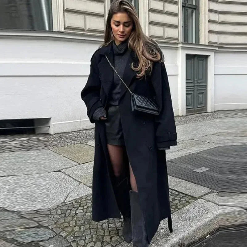 Elegant Grey Belt Long Faux Wollen Coat Women Lapel Double Breasted Street Coats Female 2025 Autumn Winter New Lady Peacoat