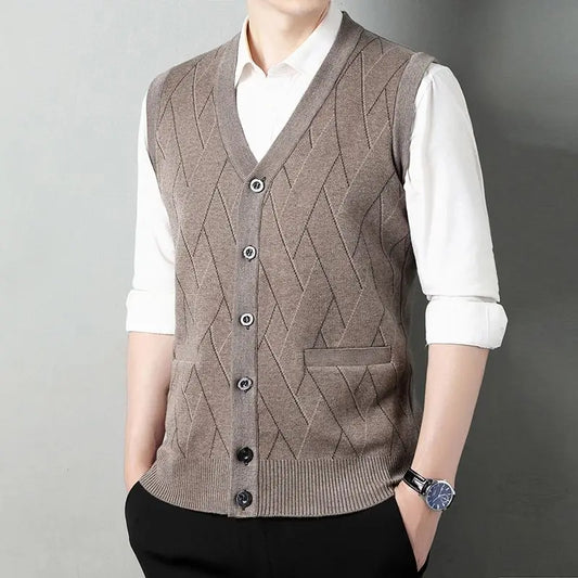 Adora Milano Men's Thickened V Neck Knit Cardigan Vest Casual Sleeveless Open Front Sweater