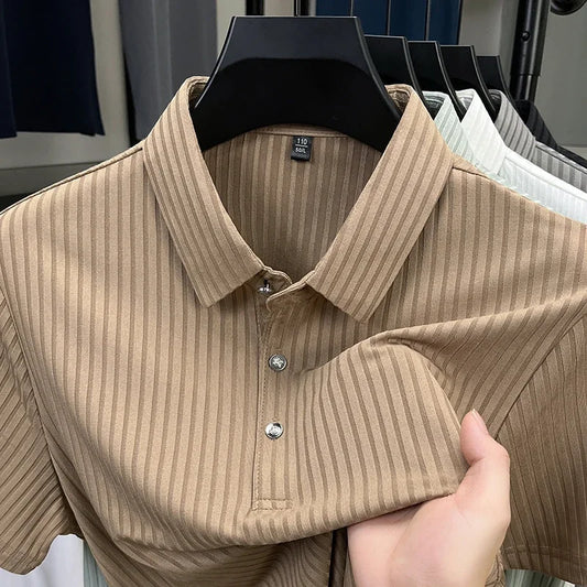 Adora Milano Men's Casual Fashion Striped Short Sleeved Collar Polo Shirt Breathable and Comfortable