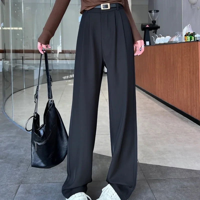 2025 Spring Summer New High Waist Women's Wide Leg Pants with Belt High Waist Straight Casual Loose Floor Length Pants Female