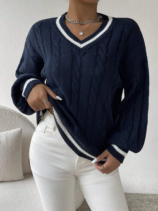 Adora Milano V-neck top Women's Fried Dough Twists intercolor knitwear Long sleeve loose