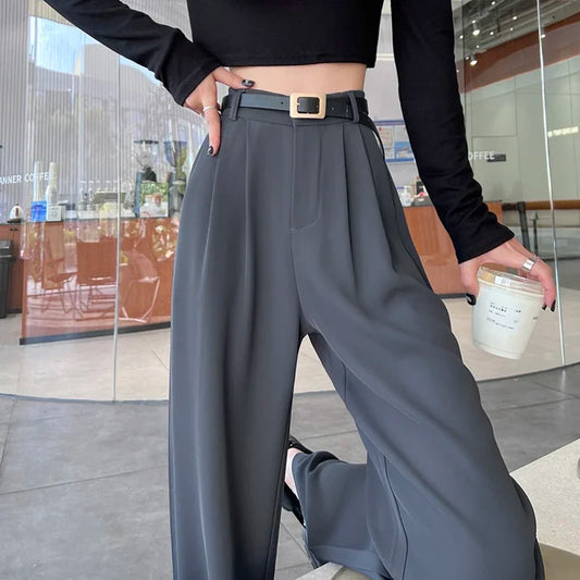 2025 Spring Summer New High Waist Women's Wide Leg Pants with Belt High Waist Straight Casual Loose Floor Length Pants Female