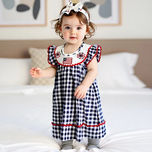 Adora Milano Girl Dress with Plaid Design American Flag Embroidery Loose Fit and Smocked