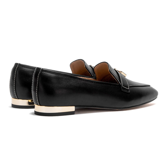 Adora Milano Women's Leather Loafers with Gold Lock Detail Square Toe Low Heel Penny Casual Office