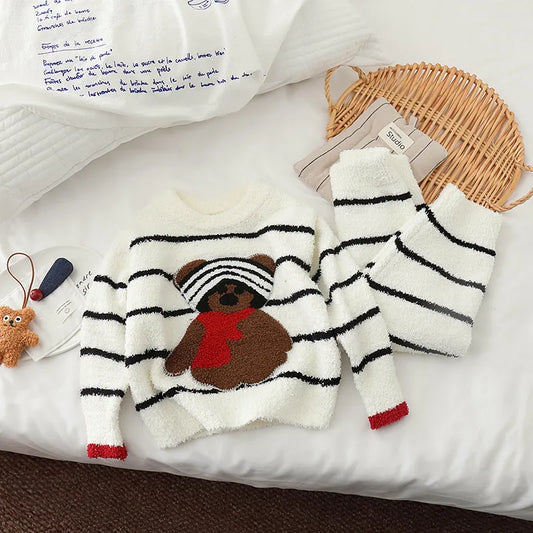 Adora Milano Winter Children Pajamas Set Cotton Bear Patched Kids Girls Sweatshirt