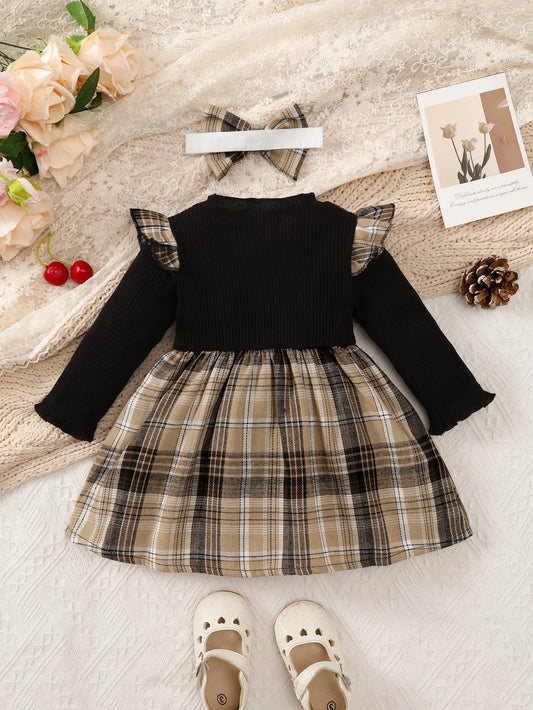 Adora Milano Baby Girl Spring And Autumn Black Checkered  Headband Dress For Daily Outdoor Wear