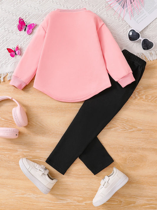 Adora Milano round-neck top with solid color stretchy trousers, girls'