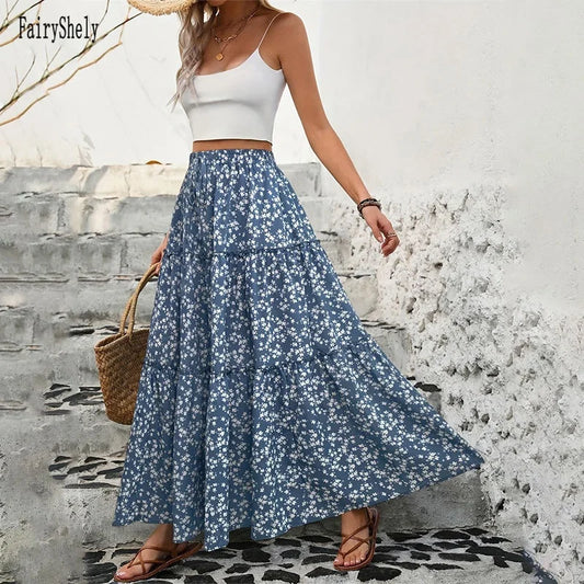 Adora Milano Flower Print Long Skirt Women High Waist Maxi Skirt Ladies