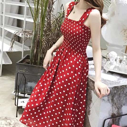 Adora Milano Women Summer Sleeveless Dot Dress Sexy Backless A-Line Spaghetti Strap Beach Style