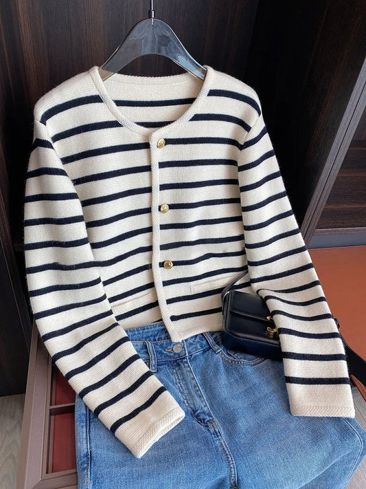 Adora Milano Stripe Knitted Cardigan Women Spring Single Breasted Long Sleeve Crop Tops
