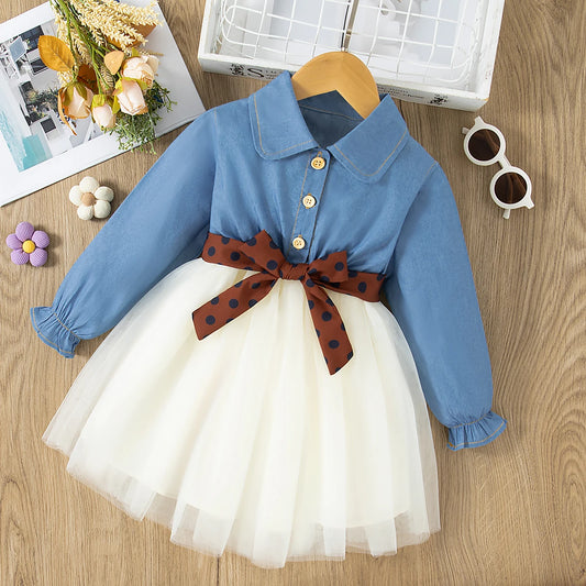 Adora Milano Spring Long Sleeved Dress Girl Denim Blue Dress  Two Pieces