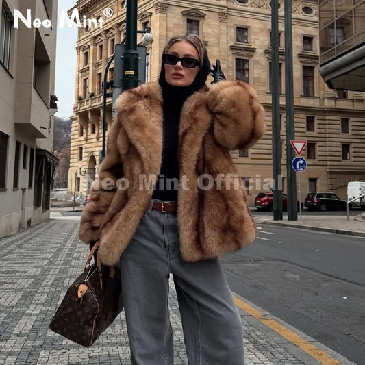 Adora Milano Women Yellow Striped Faux Fur Jacket Coat