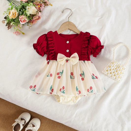 Adora Milano 3-18M Dress Bodysuit Cherry Print Long Sleeve Ruffle Bow Cute