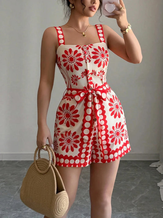 Adora Milano Women Playsuit Summer Strappy Romper Red Floral Print Square Neck Sleeveless
