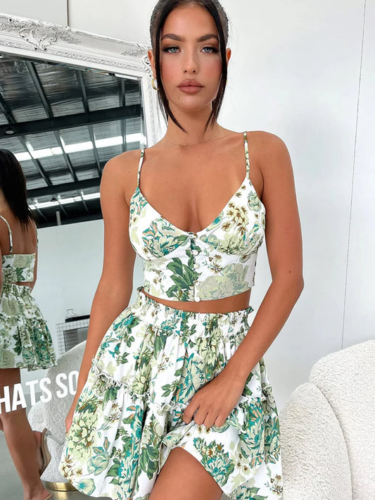 Adora Milano Women's Floral Cami Top And Ruffle Hem Skirt 2pcs Set