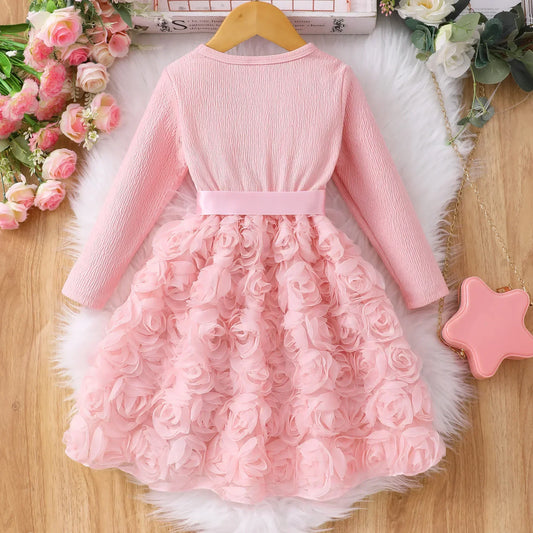 Adora Milano  Long Sleeve Spring Autumn Pink Gauze Rose Belt Children Dress
