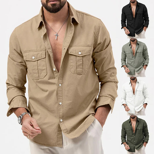 Adora Milano Men's Long Sleeve Shirt, Tiki Retro Solid Color Fitness Wear, Street High Quality Fashion Jogging
