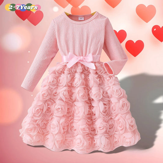 Adora Milano  Long Sleeve Spring Autumn Pink Gauze Rose Belt Children Dress
