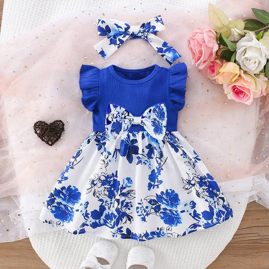 Adora Milano Baby Girl Dress Small Flying Sleeve Pleated Bow Ribbon Blue and White