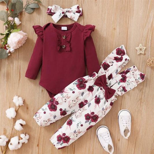 Adora Milano Newborn Baby Girl  Clothes Set Long Sleeve Romper+Flower Strap Pants+Headband Spring&Autumn