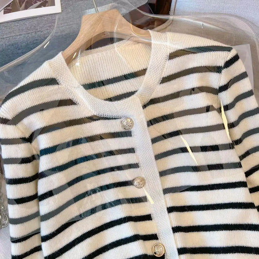 Adora Milano Stripe Knitted Cardigan Women Spring Single Breasted Long Sleeve Crop Tops