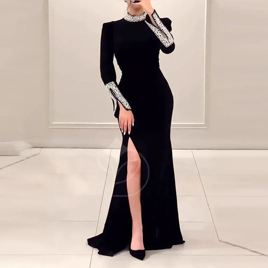 Adora Milano High Slit Party Dress Temperament Long Sleeve Slim  Dress