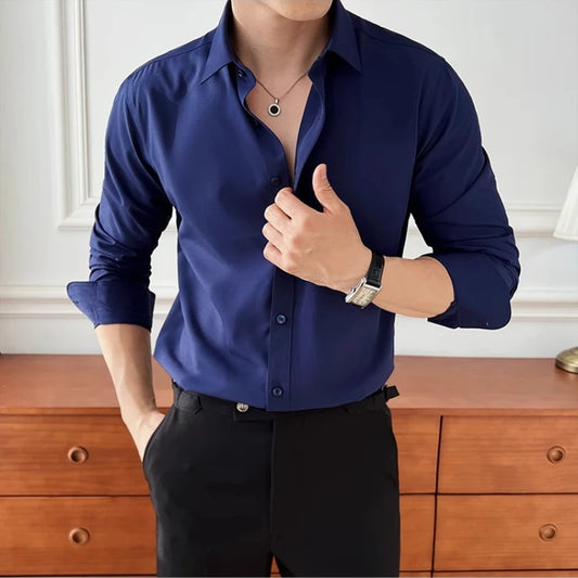 Adora Milano Business Casual Men's Solid Color Slim Fit Shirt, Long Sleeve Shirt.