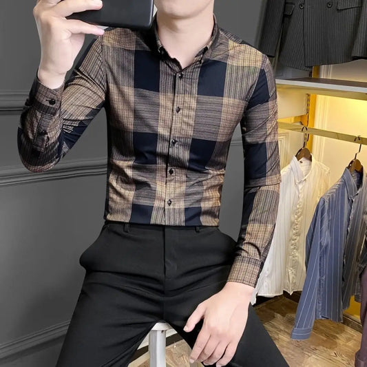 Adora Milano Men's Long Sleeve Shirt Casual Wrinkle-Free Shirt Trendy Slim Fit Top